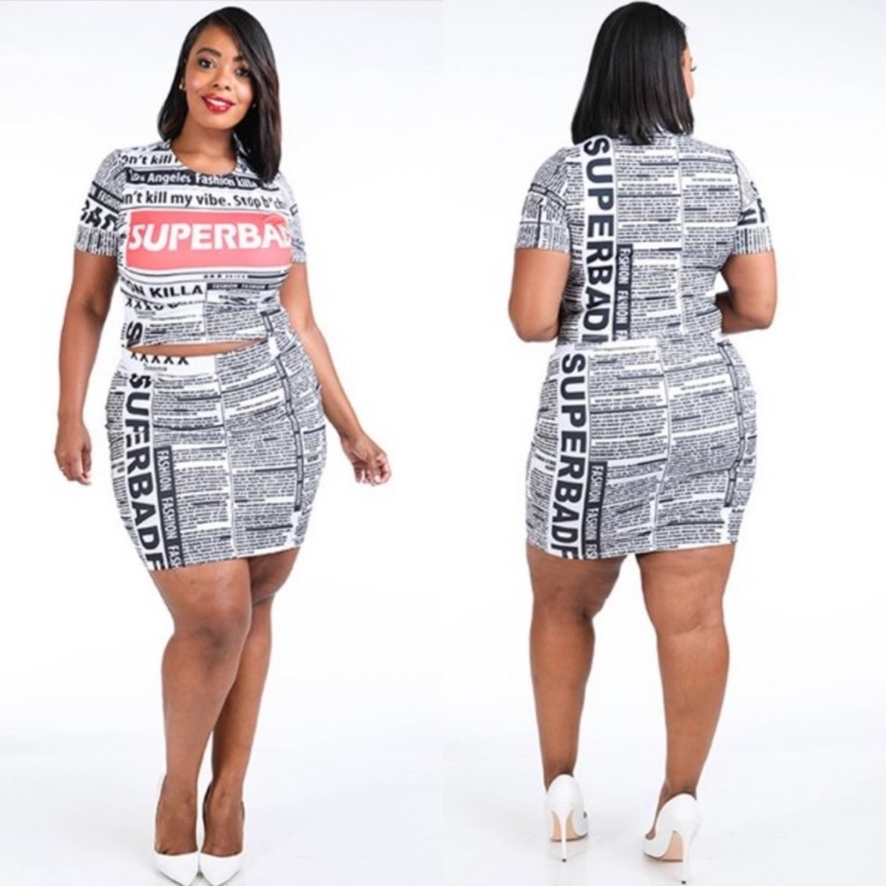 PLUS SIZE NEWSPAPER PRINT SKIRT SET